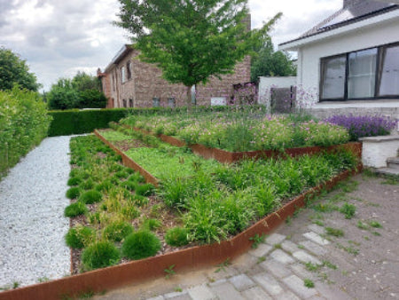 Tuin met vlakken gescheiden door cortenstalen keerwanden.