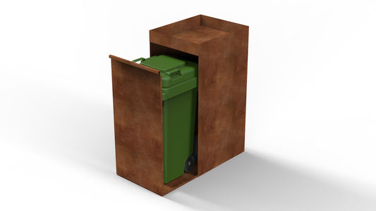 GFT afvalbak in cortenstaal met uitschuifbare deur en plantenvak bovenaan