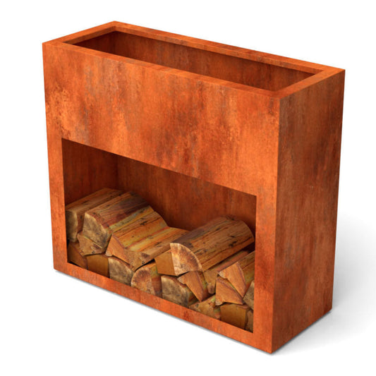 Houtopslag en plantenbak inéén in cortenstaal