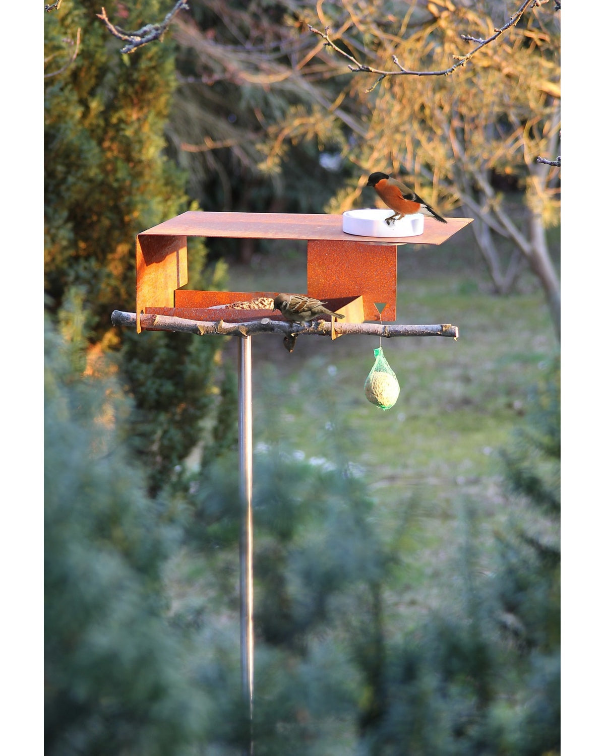 Vogelhuisje in cortenstaal met vogels en drinkschaal