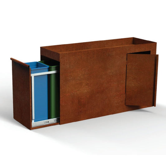 Grote afvalbak in cortenstaal met uitschuifbare sectie, extra opbergruimte en vak voor planten bovenaan