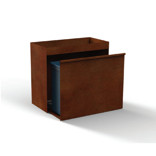 Afvalbak tuin in cortenstaal met uitschuifbare sectie en plantenvak bovenaan