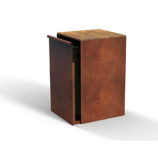 Kleine afvalbak in cortenstaal voor buiten met uitschuifsectie en houten blad