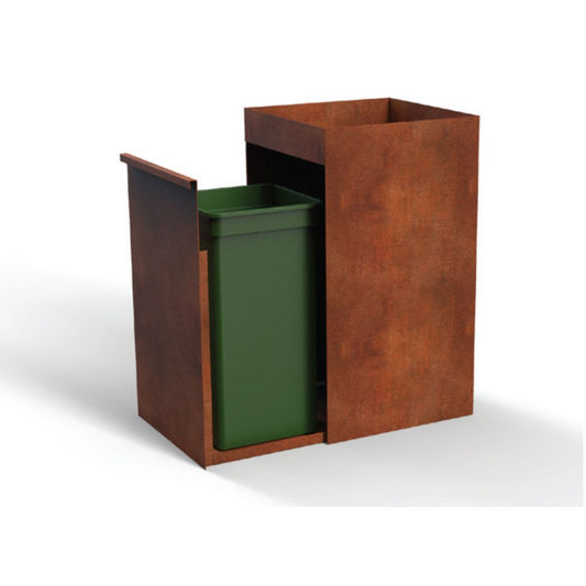 Kleine afvalbak in cortenstaal met uitschuifbare sectie