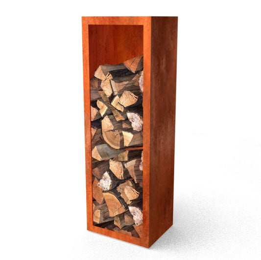 Houtopslag met achterwand in cortenstaal