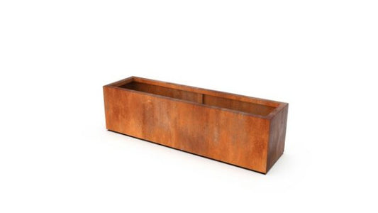 Stijlvolle cortenstalen plantenbak met roestpatina, perfect voor het afbakenen van een terras.