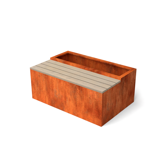 Strakke zitbank in cortenstaal met hardhout