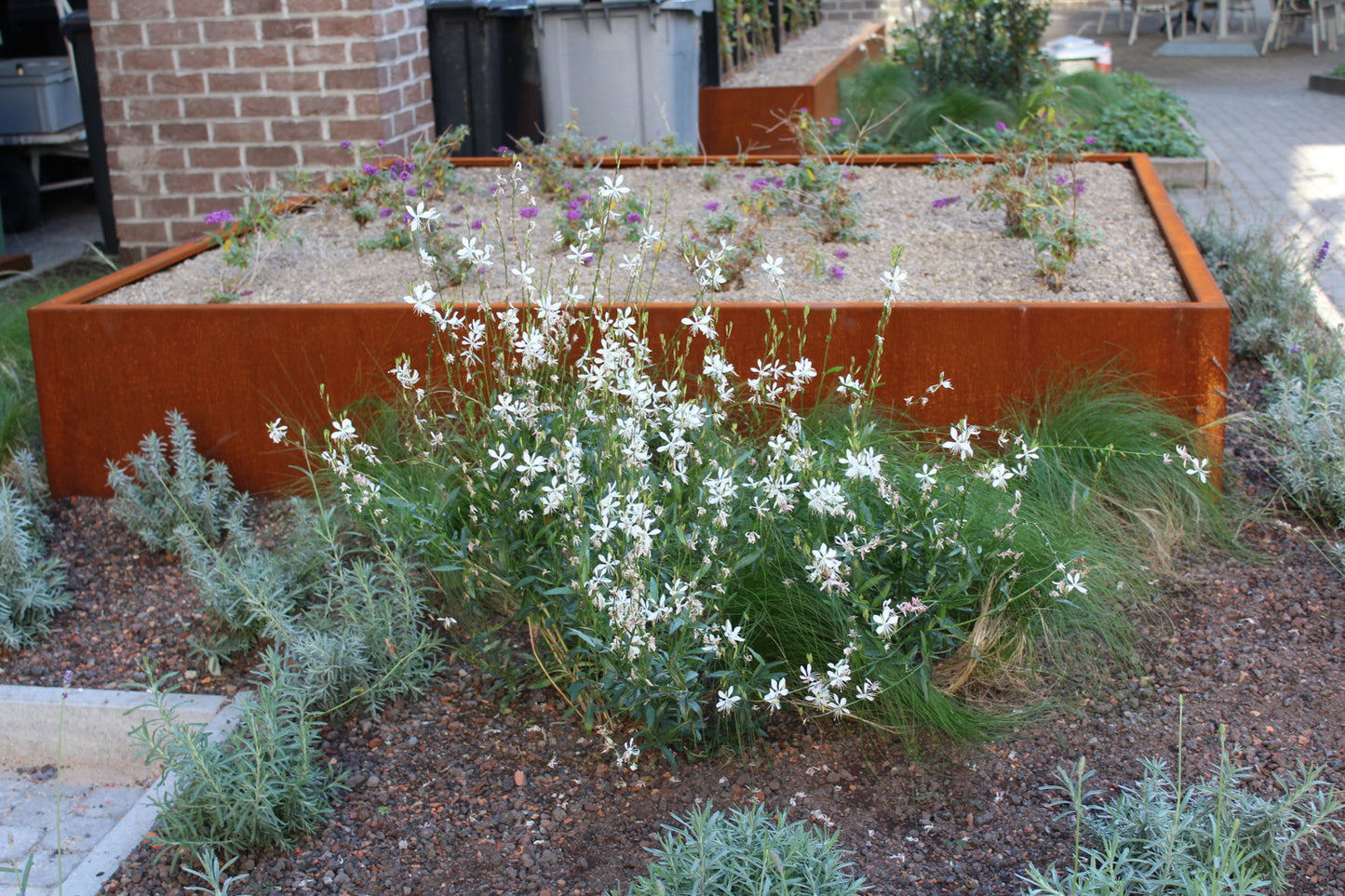 Plantenbak met bloemen in perk