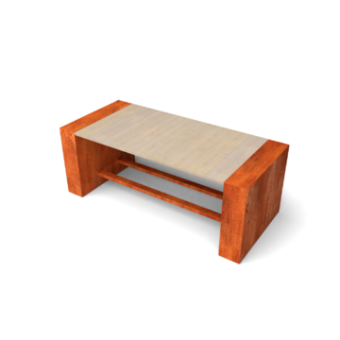 Tafel in cortenstaal met bladin hardhout