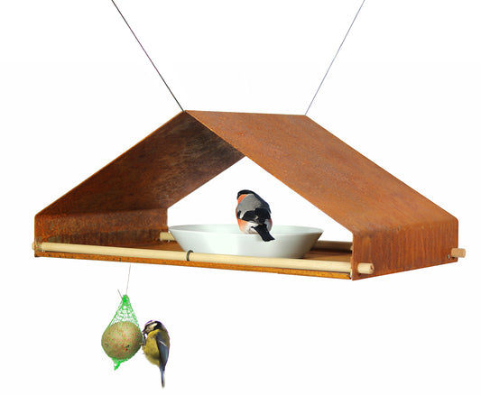 Hangend vogelhuisje in cortenstaal – design voederhuis met porseleinen schaal