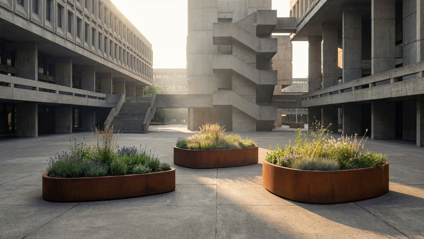 Set van drie organisch gevormde cortenstaal plantenbakken uit de ORÉA Flower Collection in een moderne stedelijke omgeving.