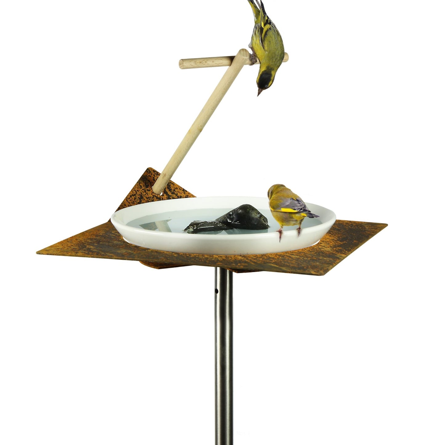 Vogeldrinkschaal in cortenstaal met houten zitstok