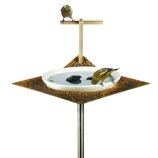 Design vogelbad in cortenstaal met porseleinen schaal