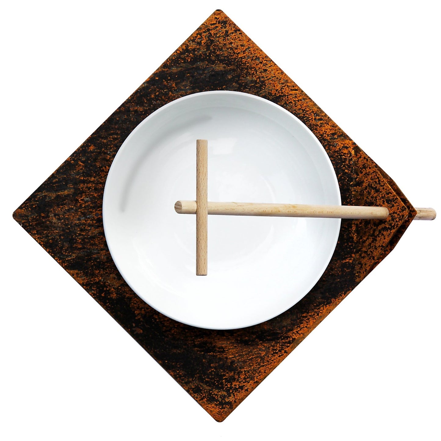 Vogeldrinkschaal in cortenstaal met houten zitstok – design vogelbad op staander