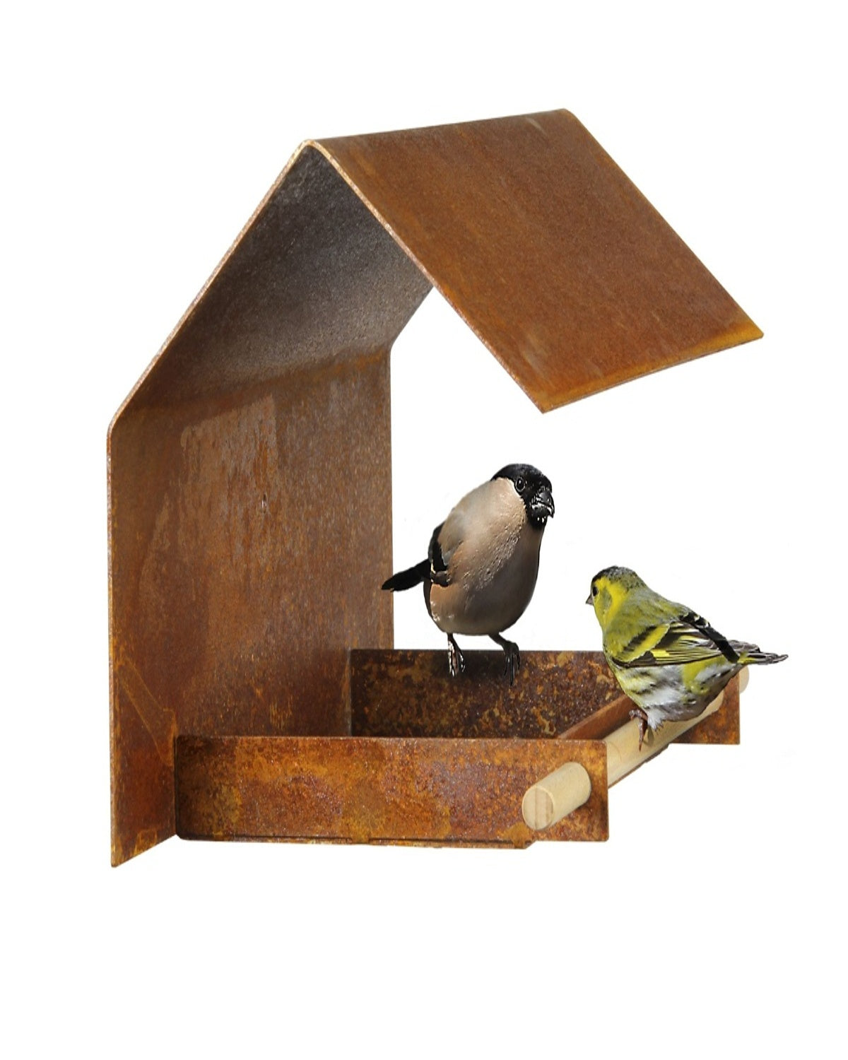 Vogelhuisje in cortenstaal voor wandmontage – design voederhuis met houten zitstok.