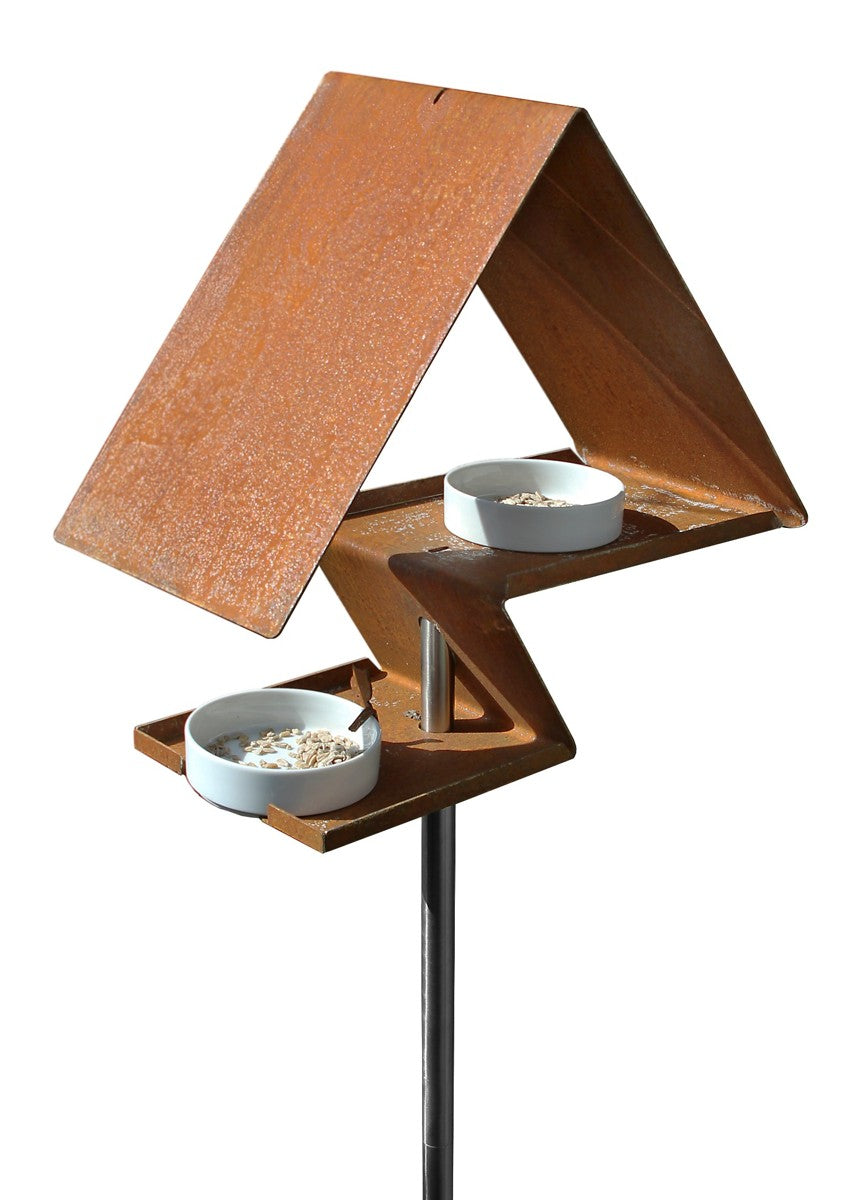 Vogelhuisje in cortenstaal met dubbele voederplek – elegante tuindecoratie