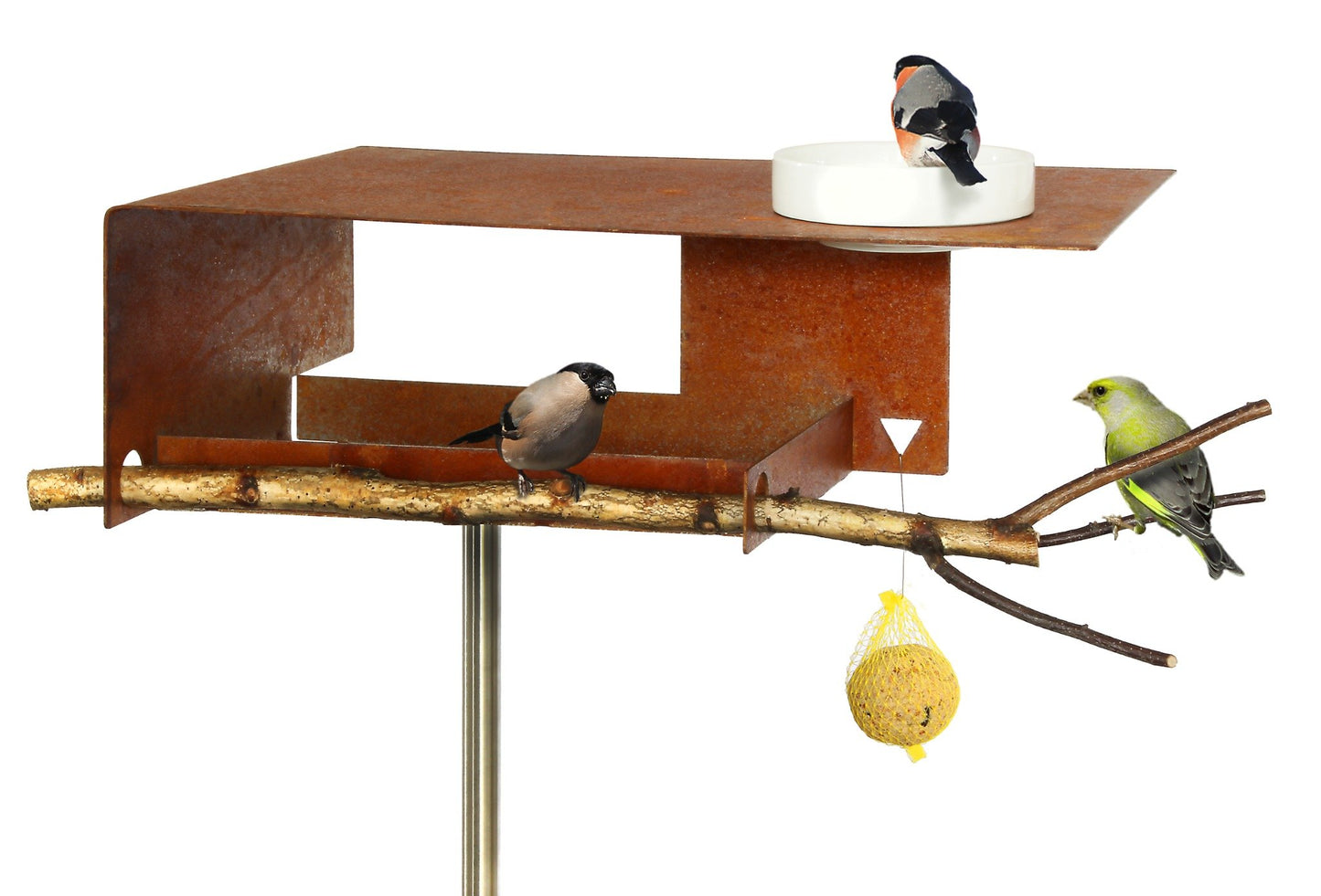 Modern cortenstaal voederhuis met drinkbak voor vogels