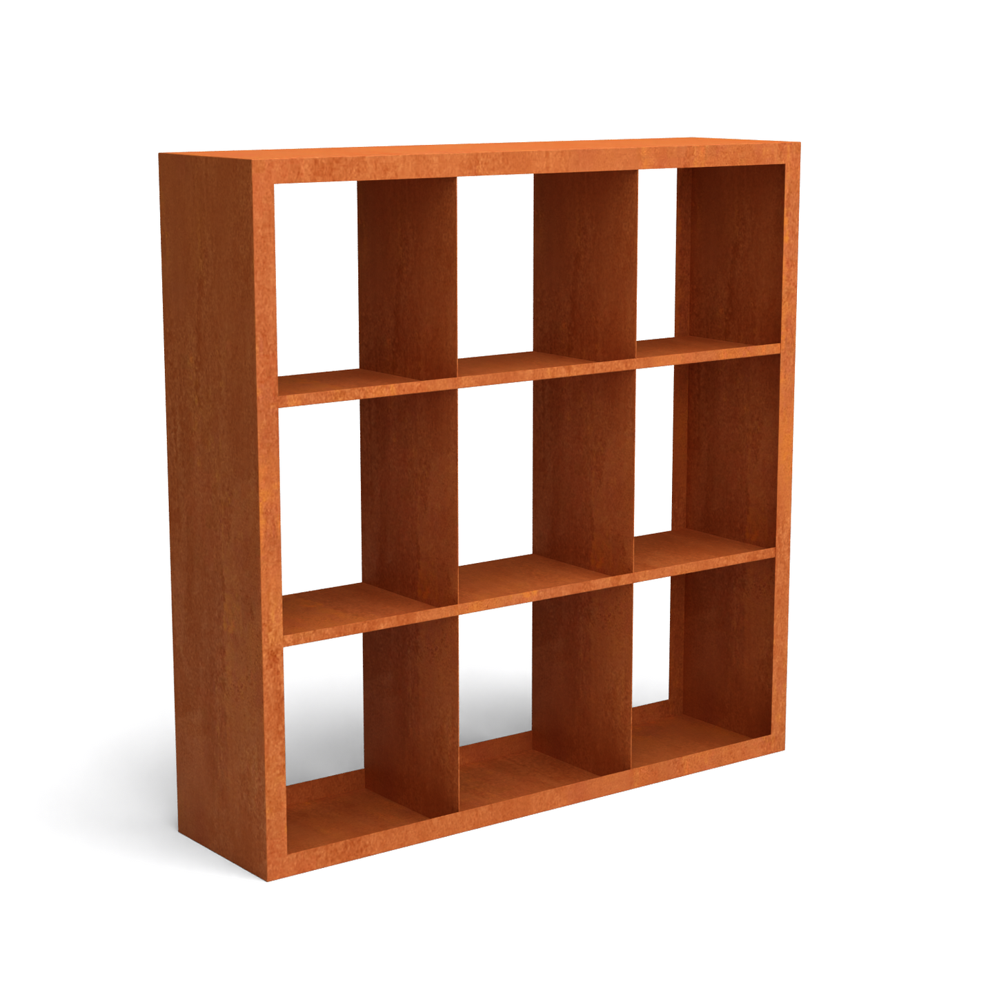 Cortenstalen vakkenkast met 9 open vakken en strak minimalistisch ontwerp voor gebruik als houtopslag of decoratieve tuinwand.