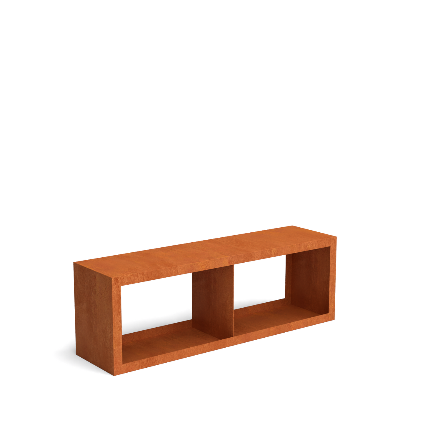 Moderne houtopslag in cortenstaal met 2 compartimenten en een strak, laag ontwerp voor het overzichtelijk stapelen van brandhout en een decoratieve uitstraling in de tuin.