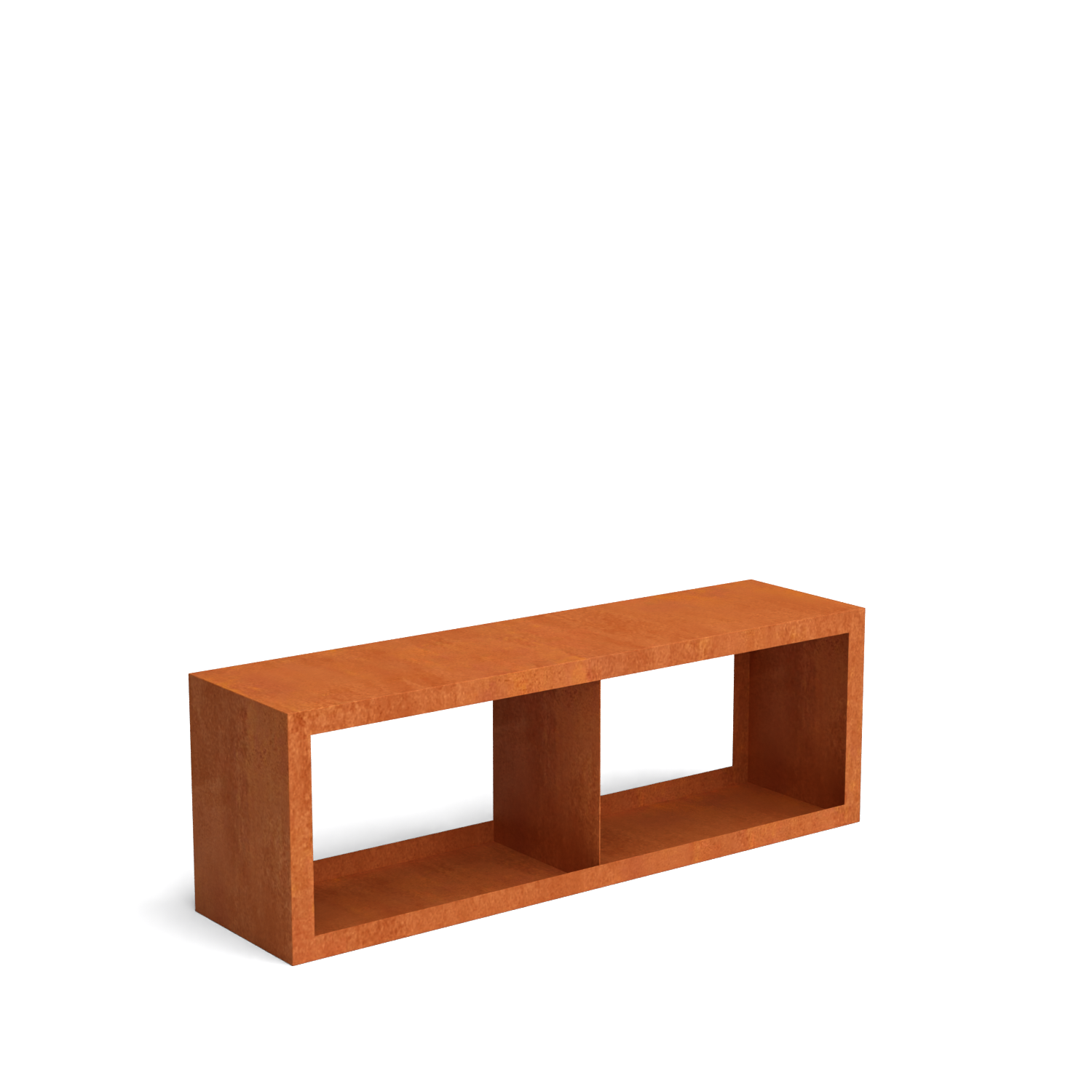 Moderne houtopslag in cortenstaal met 2 compartimenten en een strak, laag ontwerp voor het overzichtelijk stapelen van brandhout en een decoratieve uitstraling in de tuin.