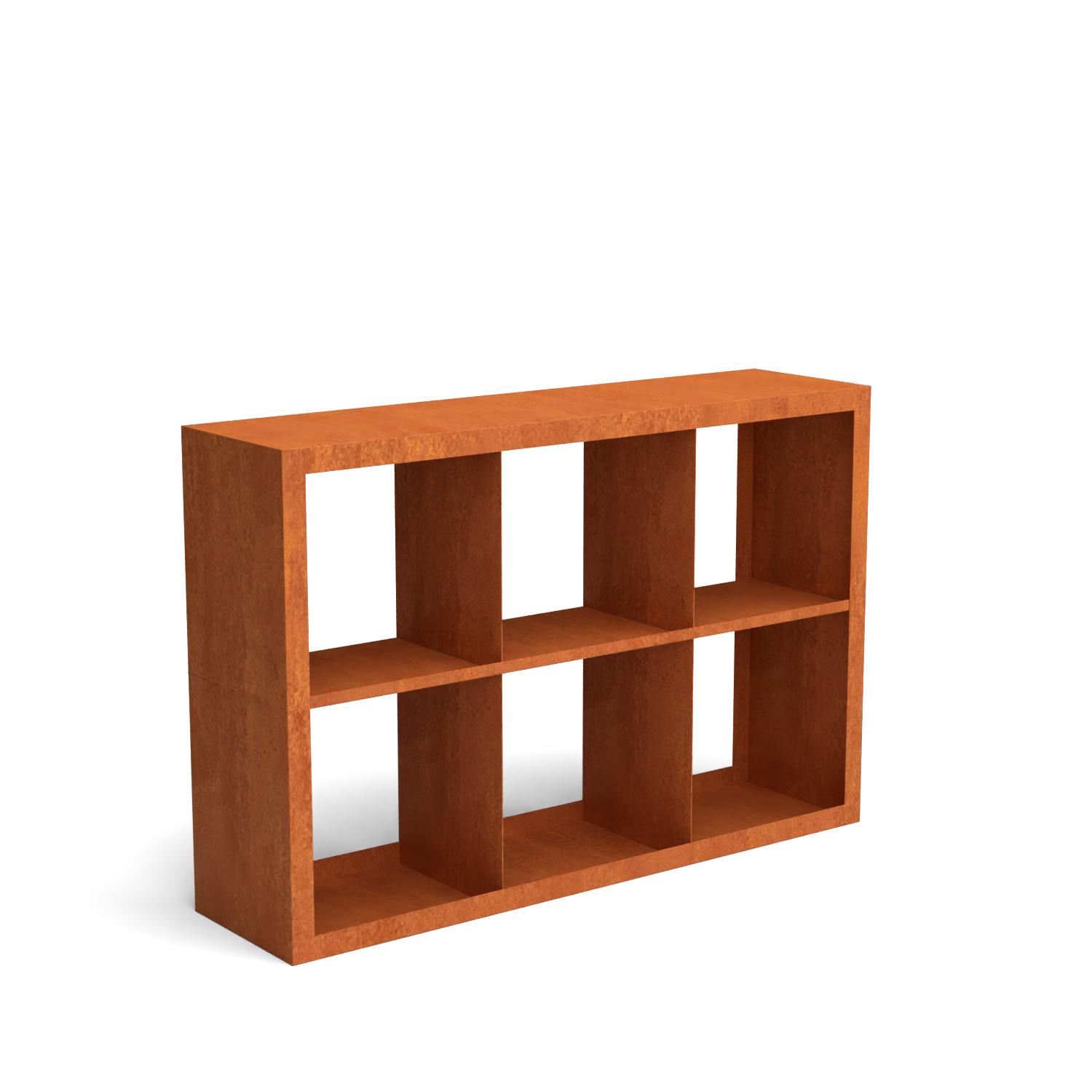 Moderne houtopslag in cortenstaal met 6 compartimenten voor het overzichtelijk stapelen van brandhout en een strakke, decoratieve uitstraling in de tuin.