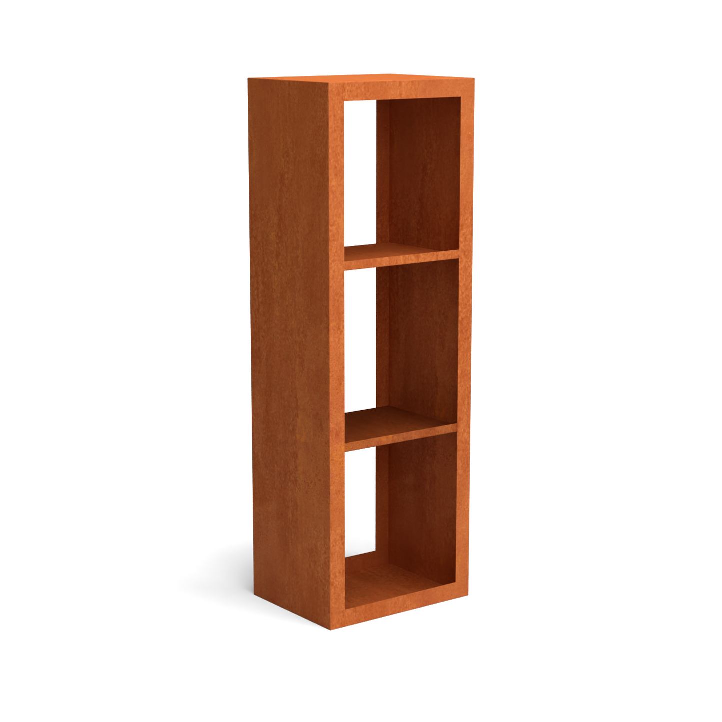 Verticale houtopslag in cortenstaal met 3 compartimenten en strak design.